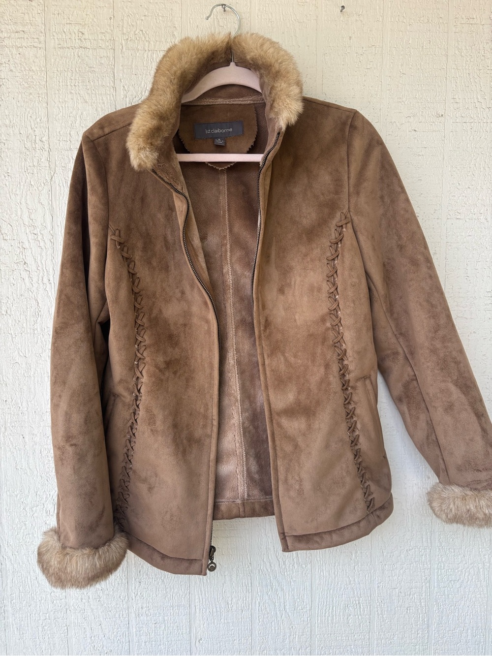 Liz Claiborne Tan Suede Faux Fur Trim Zip Jacket
